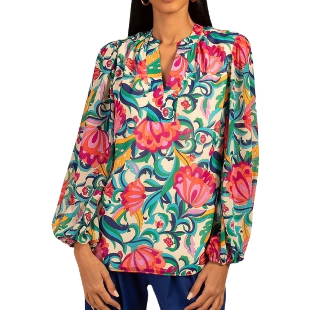 Trina Turk Top Womens XS‎ Floral Long Sleeve Garden Resortwear Vacation Tropical